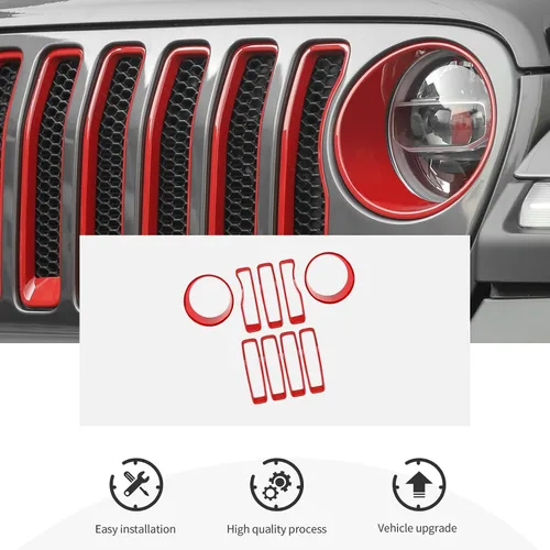 Vista 5 de CheroCar Insertos de malla frontal y biseles de faros delanteros de ojos enojados, ajuste para Jeep Wrangler JL JLU y Gladiator JT, accesorios Rojo