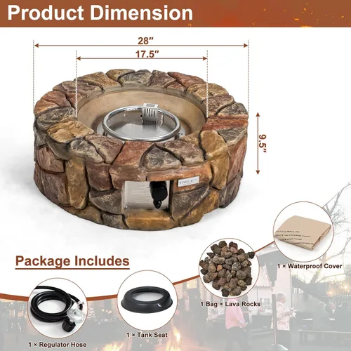 Vista 5 de Tangkula Fogata Redonda de Gas Propano de 28 Pulgadas, Patiojoy Fogata de Propano para Exteriores de 40,000 BTU con Aspecto de Piedra con Rocas