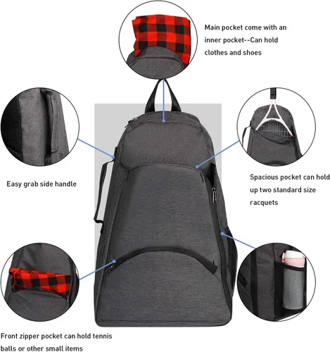 Vista 4 de Mochila de tenis - Bolsas de tenis para mujeres y hombres para sostener 1 o 2 raquetas/raquetas de tenis, bolsa deportiva multifuncional