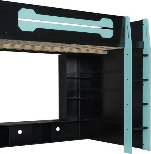 Vista 9 de Cama loft para juegos, cama alta de madera tamaño matrimonial con escritorio, estantes de almacenamiento múltiple y LED, azul nube