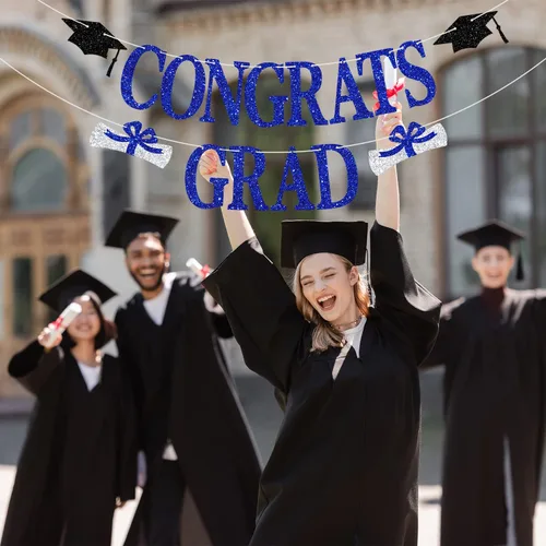 Vista 5 de Banner de felicitaciones graduadas, decoraciones de graduación de la clase de 2024, pancarta de felicitaciones graduadas, decoraciones azules