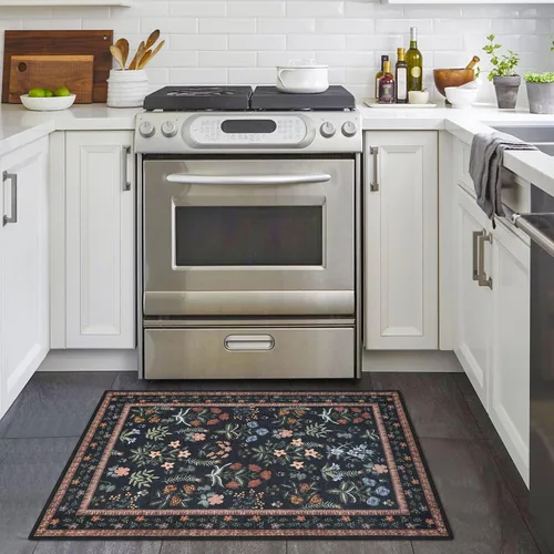 Vista 2 de Lansny Alfombra bohemia de 2 x 3 pulgadas, lavable, color negro, azul marino, floral, alfombra de cocina, alfombra de área pequeña de lana
