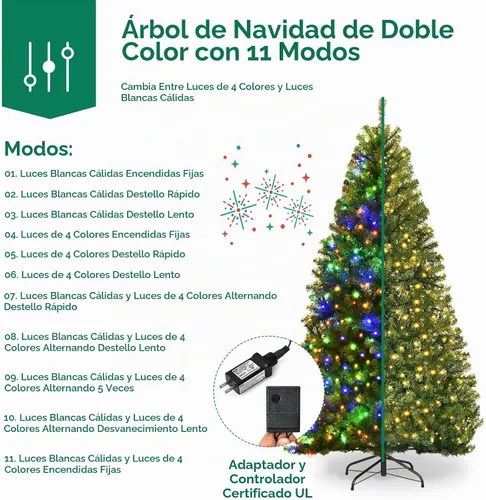 Vista 4 de DREAMADE Árbol de Navidad preiluminado de 6 pies, árbol de Navidad con 1000 ramas de PVC, 350 luces LED de doble color preencordadas, 11 modos