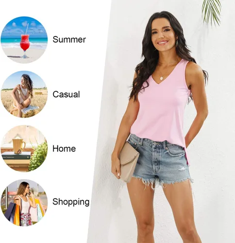 Vista 4 de LONGYUAN - Camisetas sin mangas de verano para mujer con diseño casual y holgado, blusa tipo túnica con cuello en V y aberturas laterales