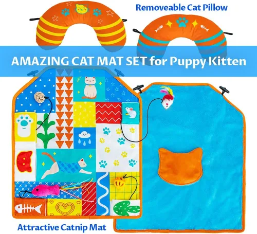 Vista 2 de Tapete 2 en 1 para gatos con almohada para gatos pequeños, medianos y grandes, lindos juguetes de hierba gatera para gatos, juguetes de felpa suave