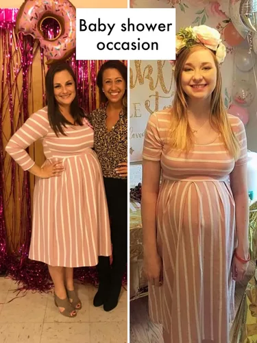 Vista 3 de BBHoping Vestido de maternidad casual a rayas para mujer, manga corta y 34, longitud hasta la rodilla, ropa de embarazo para baby shower
