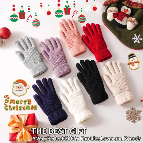 Vista 6 de Guantes de invierno cálidos para pantalla táctil para mujer, guantes térmicos de punto de lana con forro polar para clima frío