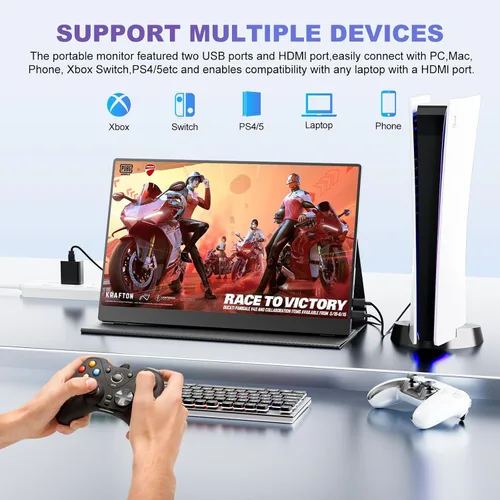 Vista 7 de Monitor portátil grande de 18.5 pulgadas, 120Hz 1080P FHD IPS portátil para viajes, pantalla secundaria para portátil, 125% sRGB, altavoces duales