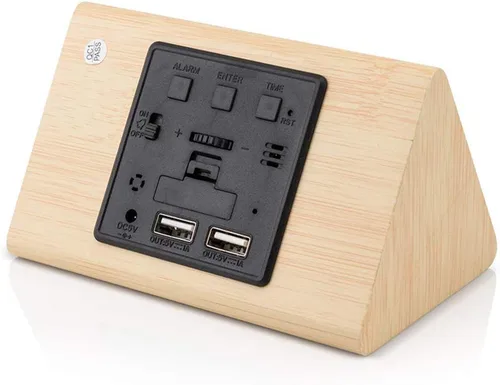 Vista 7 de Moderno reloj despertador con indicador de temperatura y calendario con diseño triangular de madera con luces led. Gearonic TM.