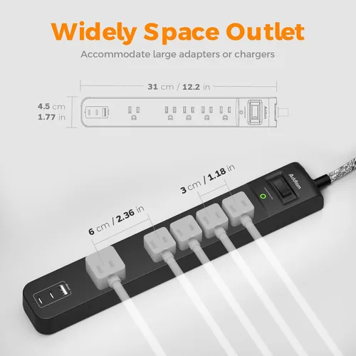 Vista 5 de Paquete de 2 Regletas Cortas con Protector de Sobretensiones - Addtam Regleta USB C, Cable de Extensión Plano de 3 pies con 5 Enchufes Ampliamente