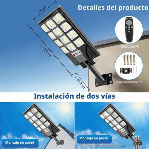 Vista 6 de Luces solares de calle para exteriores impermeables, luces LED de 20000 lm, 6500 K, con sensor de movimiento, luces de inundación solares