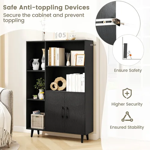 Vista 5 de Giantex Gabinete de almacenamiento de 47 pulgadas, estantería con 2 puertas, 5 estantes abiertos, patas de metal, kits antipuntas, gabinete de Negro