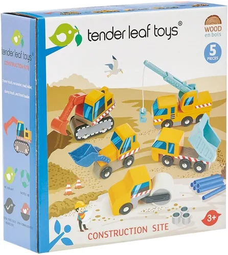Vista 6 de Tender Leaf Toys - Sitio de construcción - Cuatro vehículos pesados con camión grúa, rodillo de carretera, camión volquete y cargador frontal