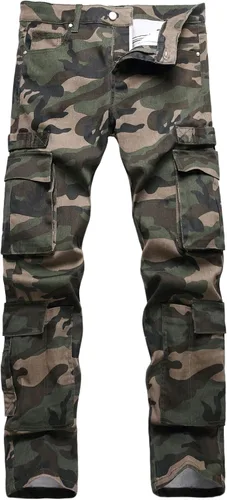 Vista 43 de Baylvn - Pantalones de mezclilla para hombre con diseño patchwork, ajustados y cómodos, estilo motociclista 3132 Camuflaje y azul