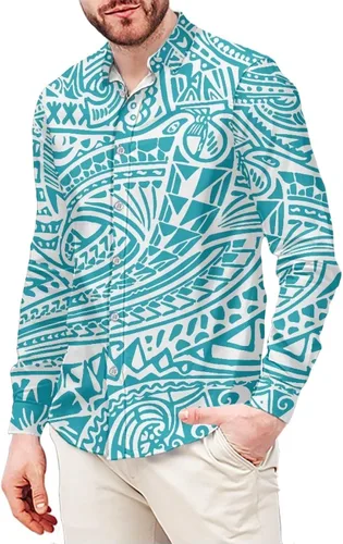 Vista 11 de Camisas polinesias para hombre con patrones de hojas tropicales polinesias, camisa hawaiana de manga larga para hombre, ropa de vacaciones de otoño