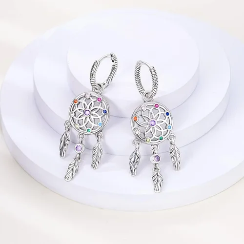 Vista 2 de NARMO Aretes colgantes de plata de ley 925 para mujeres y niñas, aretes de aro con circonita cúbica, aretes colgantes de ojo malvado, aretes de luna