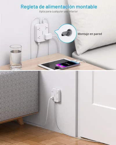 Vista 5 de Cable de Extensión con Enchufe Plano, HANYCONY Regleta de 5 pies con 4 Puertos USB (2 USB C), Extensor de 4 Tomas Amplias, Montaje en Pared