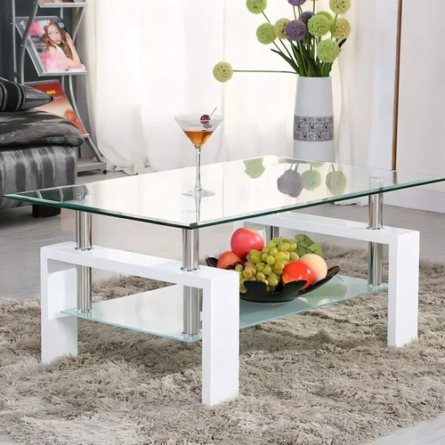 Vista 8 de Mesa de centro de cristal, mesa central rectangular de 2 niveles