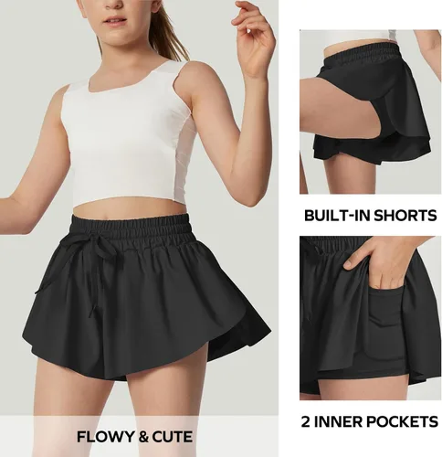 Vista 3 de Ewedoos Pantalones cortos holgados 2 en 1 para niñas, pantalones cortos atléticos de mariposa, talla 10-12, lindos pantalones cortos de moda