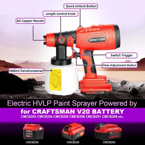 Vista 2 de Pulverizador de pintura inalámbrico compatible con batería Craftsman de 20 V (solo herramienta) pistola de pintura HVLP de 200 W, 3 patrones