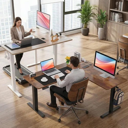 Vista 8 de 63” L Shaped Standing Desk with Charging Station,Supports Left and Right Swapping,Electric Height Adjustable Corner Stand Up Desk.Free Hook