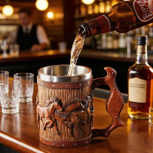 Vista 3 de Taza de cerveza de barril de madera, taza de acero inoxidable de 20 onzas, taza de café, caballos, regalos para mujeres y hombres, regalo