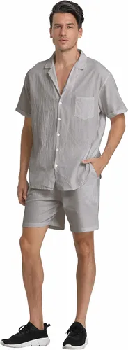 Vista 5 de RPOVIG Conjunto corto de camisa de lino conjunto casual de 2 piezas con botones para hombre, Gris