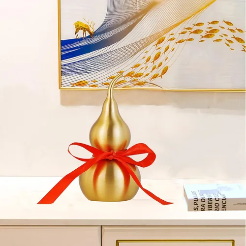 Vista 5 de Calabaza de latón Feng Shui Wu Lou con tira de la suerte roja para decoración de decoración de decoración del hogar, 7.87 pulgadas de alto, latón