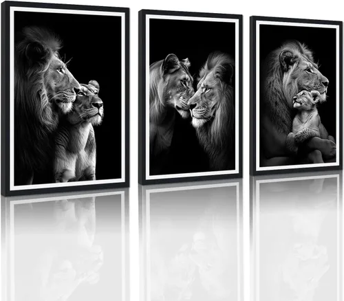 Vista 52 de 3 piezas modernas de lienzo de león de animales salvajes, pinturas de retratos de familia de leones, decoración de pared, obras de arte de sala