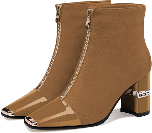 Vista 3 de Jimishow Ankle Booties Block Heeled Winter Autumn Suede Short Boots For Women Chunky High Heel Square Toe Front Zipper Boots