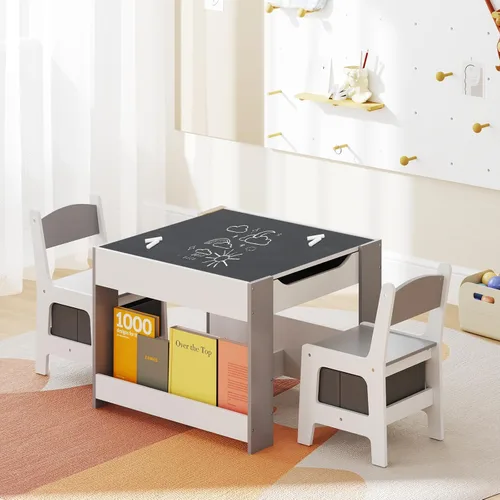 Vista 9 de HONEY JOY Mesa y sillas para niños, juego de actividades de madera 4 en 1 para niños con libreros dobles, almacenamiento, tablero desmontable