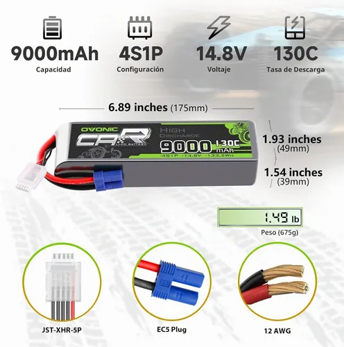 Vista 2 de OVONIC 4S LiPo Batería 9000mAh 14.8V 130C RC Batería con conector EC5 (paquete de 2)