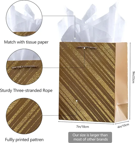 Vista 3 de SHIPKEY Paquete de 4 bolsas de regalo pequeñas con papel de seda, 7 x 4 x 9 pulgadas, surtido de bolsas de papel de aluminio dorado, bolsas