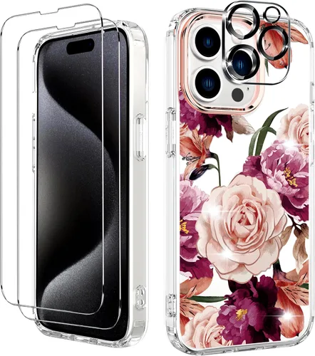 Vista 11 de BAISRKE Funda transparente con diseño para iPhone 15 Pro Max de 6.7 pulgadas, con 2 protectores de pantalla + 1 paquete de protector de lente