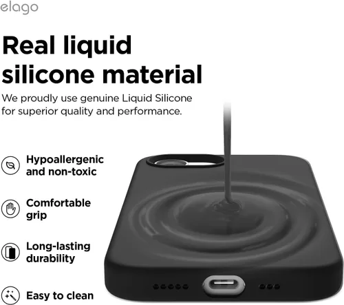Vista 3 de elago - Funda de silicona líquida prémium para iPhone 17e y iPhone 16e, color negro Funda protectora de cuerpo completo, a prueba de golpes, forro