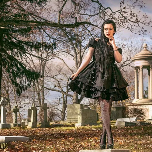 Vista 4 de Ainclu Womens Classic Black Layered Lace-up Goth Lolita Dress