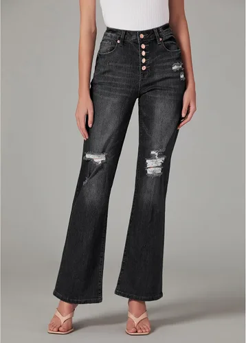Vista 2 de LookbookStore - Jeans rasgados de cintura alta para mujer, pantalones de pierna ancha acampanados y desgastados