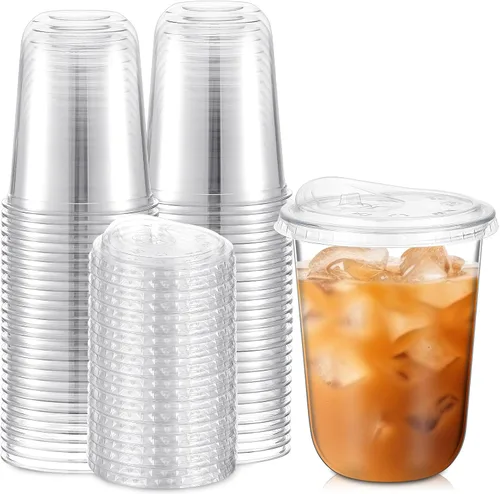 Vista 8 de Ziliny 50 juegos de vasos de plástico transparente con tapas para sorber sin pajita, vasos de cristal de plástico PET desechables transparentes