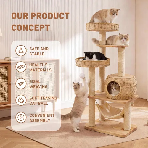 Vista 2 de Árbol para Gatos de Madera de 55" para Gatos de Interior Grandes Adultos, Torre Alta para Gatos con Poste Rascador y Hamaca Acogedora para Gatos