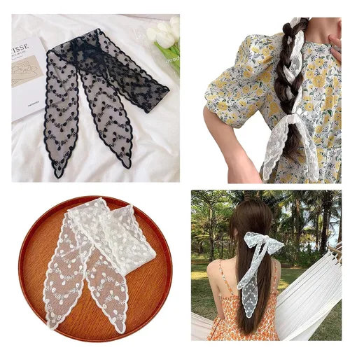 Vista 7 de 3 pañuelos de encaje para la cabeza, pañuelo para el cabello, asa de bolso de mano, cinta envolvente, Blanco, Negro