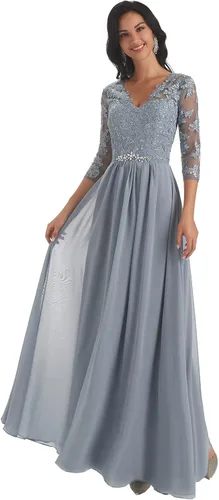 Vista 3 de Vestido largo formal de noche para mujer con apliques de encaje con cuello en V y mangas
