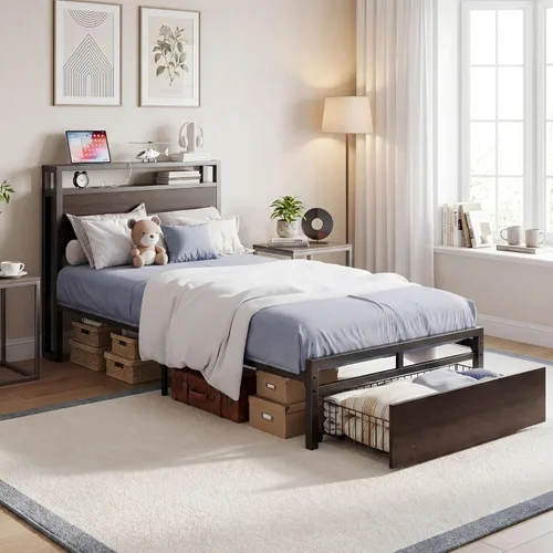 Vista 15 de LIKIMIO - Marco de cama individual con cajón y estación de carga, color marrón oscuro 2-Tier Storage Headboard with Metal Construction Frame, No