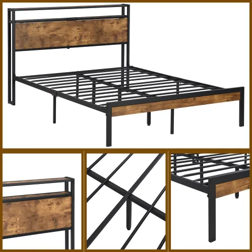 Vista 5 de Base de cama industrial tamaño matrimonial, marco de cama de plataforma con tomas de corriente y 2 puertos USB y con cabecera de almacenamiento de 2