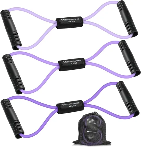 Vista 7 de RENRANRING Bandas de Resistencia de Fitness en Forma de 8 con Asas - Juego de 3 Bandas de Tubo de Ejercicio para Estiramiento de Brazos y Hombros