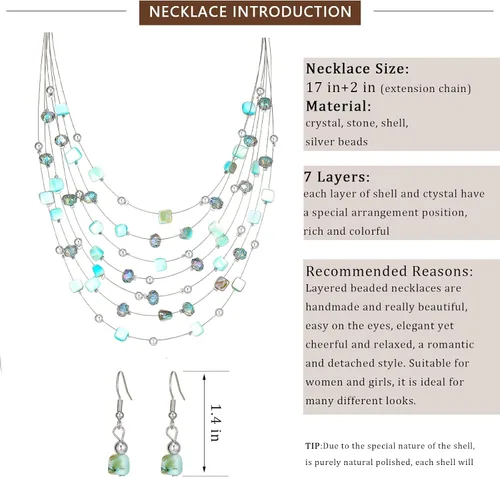Vista 5 de Collar de cuentas de concha bohemia de varias capas para mujer, hebra de cristal colorida con cuentas plateadas, collares y aretes, disfraces