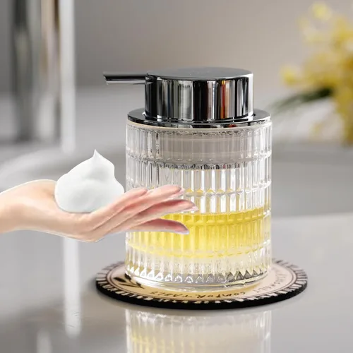 Vista 7 de CICUFY Dispensador de Jabón de Manos o Loción de Vidrio Espumoso, Dispensador de Jabón Líquido Recargable con Bomba Grande de Plata