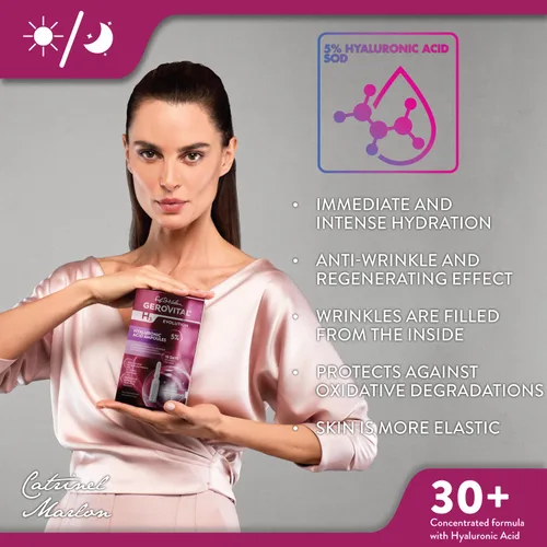 Vista 3 de GEROVITAL EVOLUCIÓN H3: ampollas con ácido hialurónico y superóxido dismutasa (la superenzima antienvejecimiento), 30+ (10 x 0.1 fl oz)
