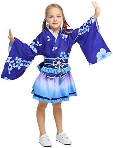 Vista 4 de Disfraz de anime para niños y niñas japonesas Lolita Kimono vintage original tradición Yukata vestido de Halloween azul L 51-55 pulgadas