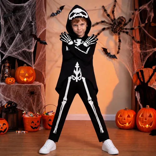 Vista 5 de Weixinbuy Disfraz de esqueleto de Halloween para niños que brillan en la Negro #2