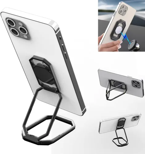 Vista 8 de Soporte de anillo para teléfono con patas plegables, soporte de dedo para celular, rotación de 360°, anillo de metal compatible con soporte Negro